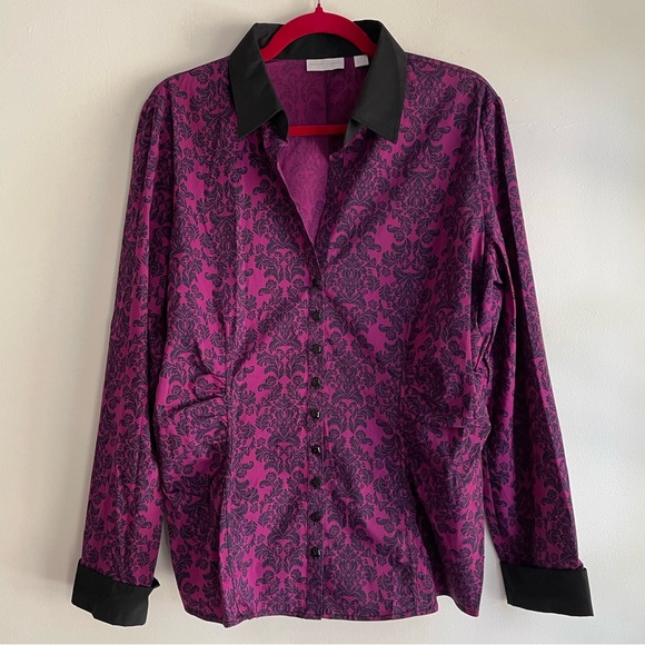 New York & Company Tops - New York & Company Purple and Black Floral Stretch Button Up Shirt